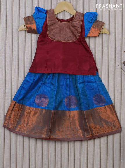 Silk kids lehenga maroon and cs blue with patch work neck pattern and allover self emboss & copper zari woven border for 1 year