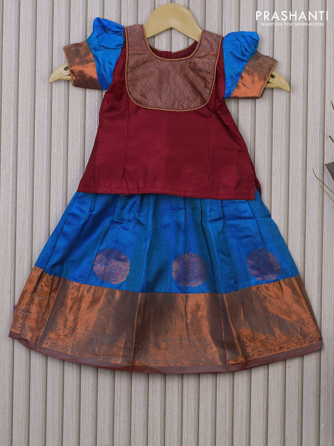 Silk kids lehenga maroon and cs blue with patch work neck pattern and allover self emboss & copper zari woven border for 1 year