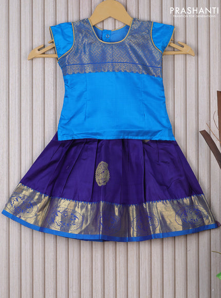 Silk kids lehenga cs blue and dark blue with patch work neck pattern and zari buttas & zari woven border for 1 year