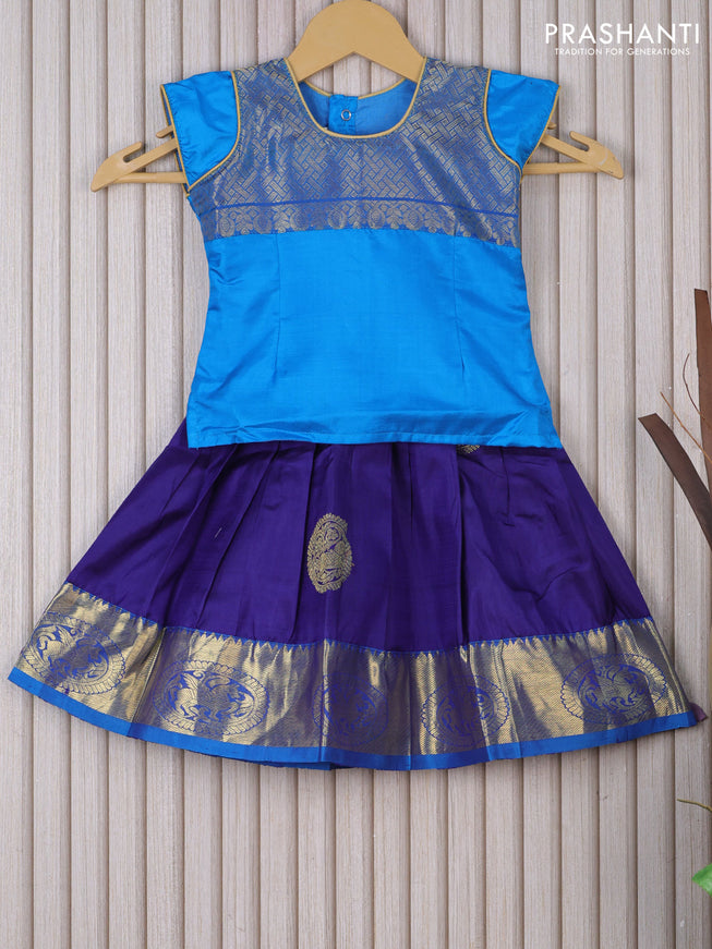 Silk kids lehenga cs blue and dark blue with patch work neck pattern and zari buttas & zari woven border for 1 year