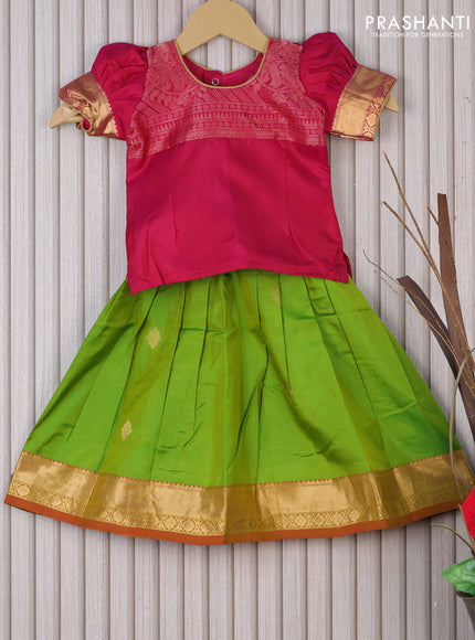 Silk kids lehenga pink and parrot green with patch work neck pattern and zari buttas & zari woven border for 1 year