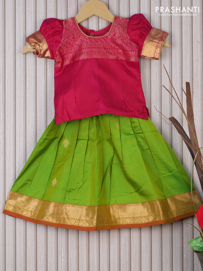 Silk kids lehenga pink and parrot green with patch work neck pattern and zari buttas & zari woven border for 1 year