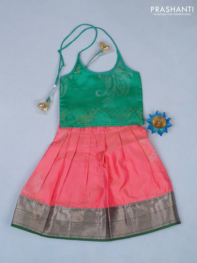 Silk kids lehenga teal green and peach pink with zari weaves and back knot & zari woven border for 1 year