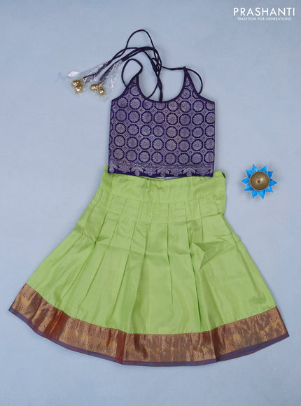 Silk kids lehenga navy blue and pista green with silver zari woven brocade weaves and back knot & zari woven border for 1 year