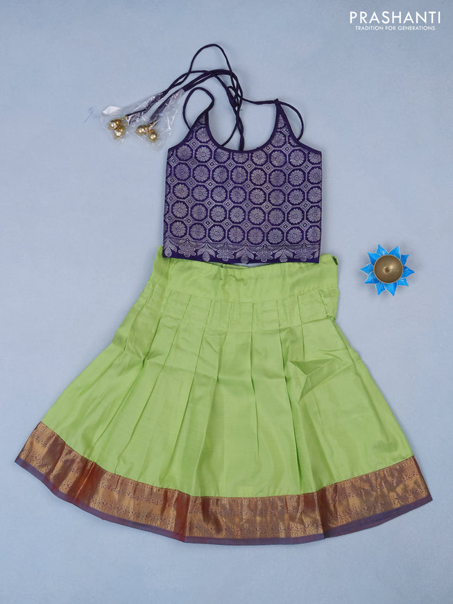 Silk kids lehenga navy blue and pista green with silver zari woven brocade weaves and back knot & zari woven border for 1 year