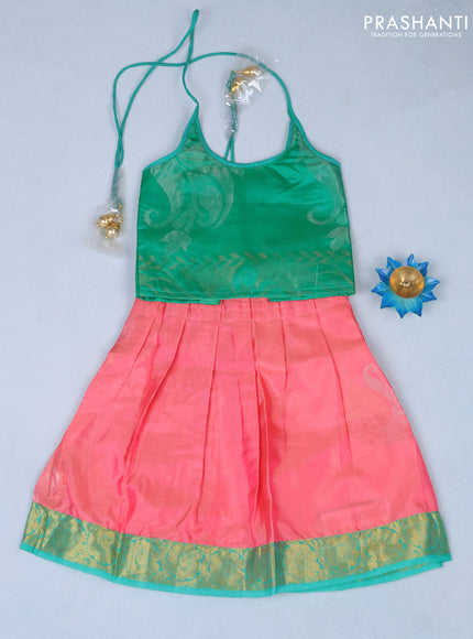 Silk kids lehenga teal green and light pink with zari weaves and back knot & zari woven border for 1 year