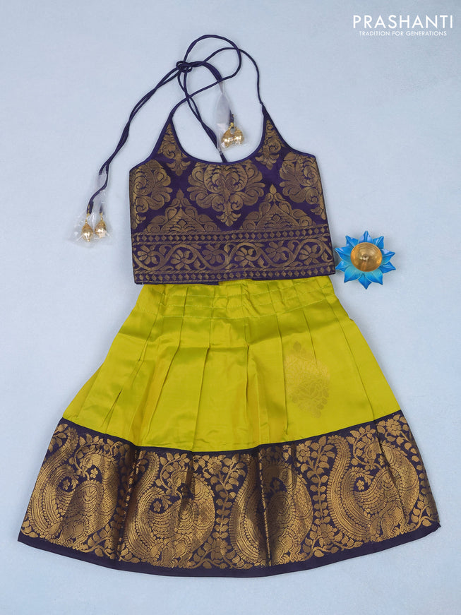 Silk kids lehenga dark blue and lime green with allover zari woven brocade pattern and back knot & zari woven border for 1 year