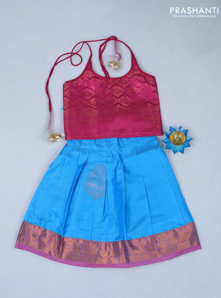 Silk kids lehenga pink and light blue with allover zari woven brocade pattern and back knot & zari woven border for 1 year