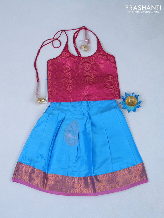 Silk kids lehenga pink and light blue with allover zari woven brocade pattern and back knot & zari woven border for 1 year