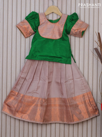 Silk kids lehenga green and grey shade with patch work neck pattern and copper zari woven border for 2 years