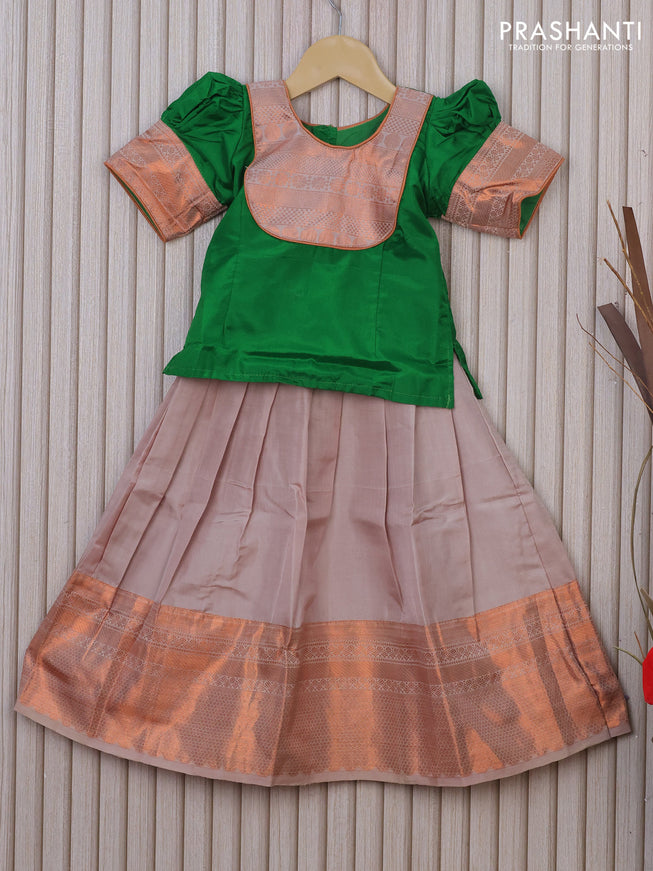 Silk kids lehenga green and grey shade with patch work neck pattern and copper zari woven border for 2 years