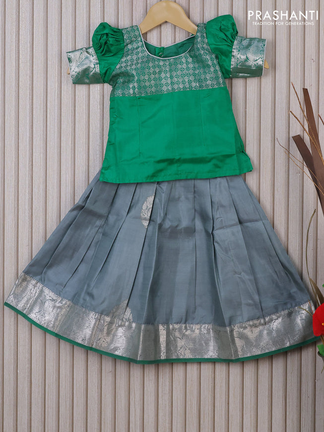 Silk kids lehenga green and grey with patch work neck pattern and silver zari woven annam border for 2 years