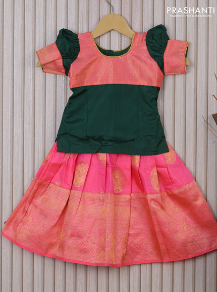 Silk kids lehenga dark green and candy pink with patch work neck pattern and zari buttas & zari woven border for 2 years