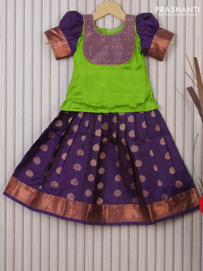 Silk kids lehenga light green and deep violet with patch work neck pattern and copper zari buttas & copper zari woven border for 2 years