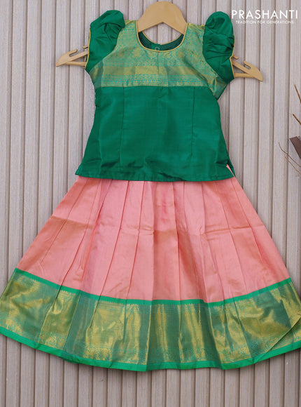 Silk kids lehenga teal green and peach pink with simple zari neck pattern and self emboss & zari woven border for 2 years