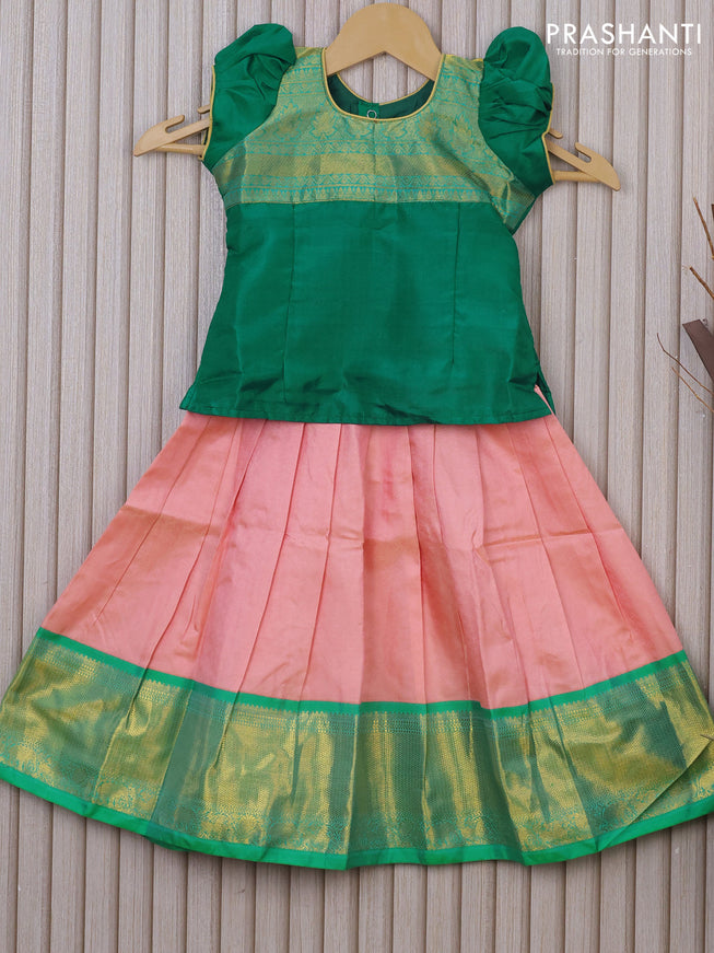 Silk kids lehenga teal green and peach pink with simple zari neck pattern and self emboss & zari woven border for 2 years