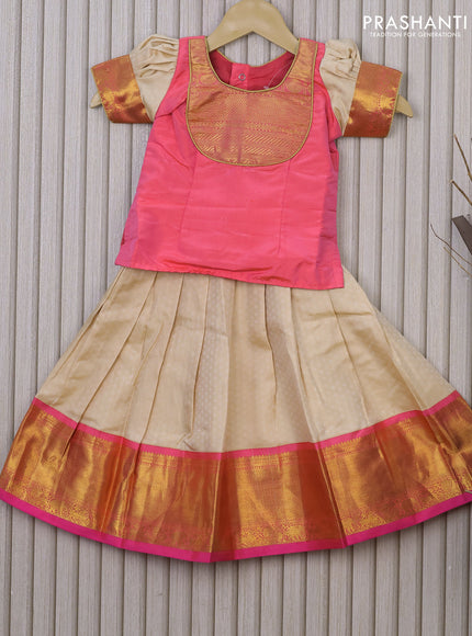 Silk kids lehenga dual shade of peach pink and cream with simple zari neck pattern and self emboss & zari woven border for 2 years