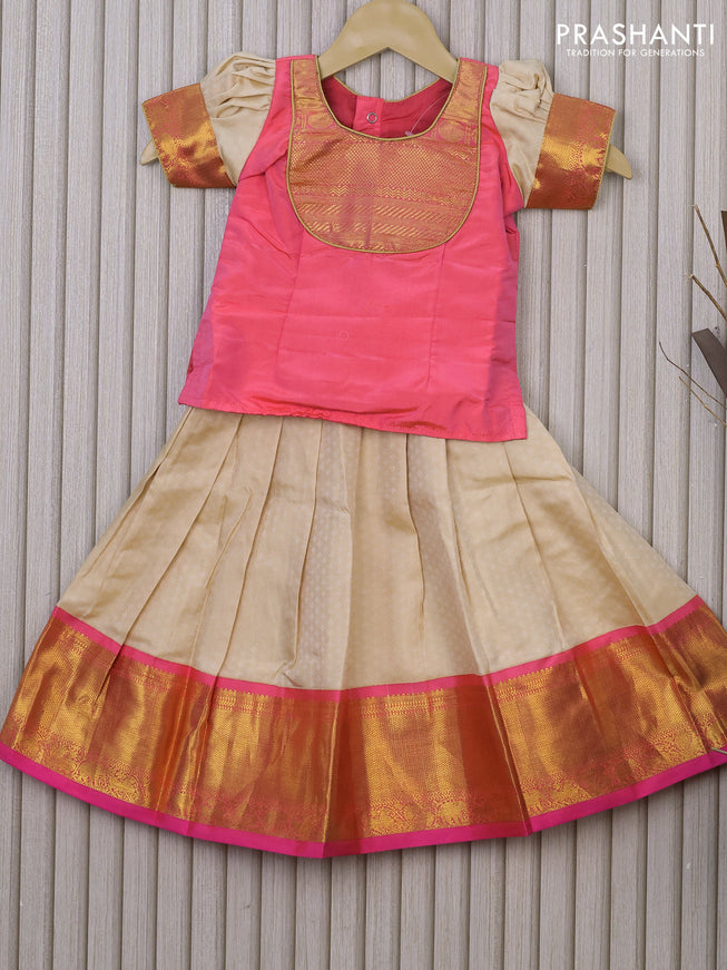 Silk kids lehenga dual shade of peach pink and cream with simple zari neck pattern and self emboss & zari woven border for 2 years