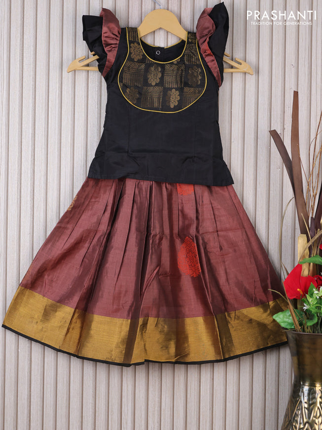 Silk kids lehenga black and pastel brown with patch work neck pattern and thread buttas & zari woven border for 3 years