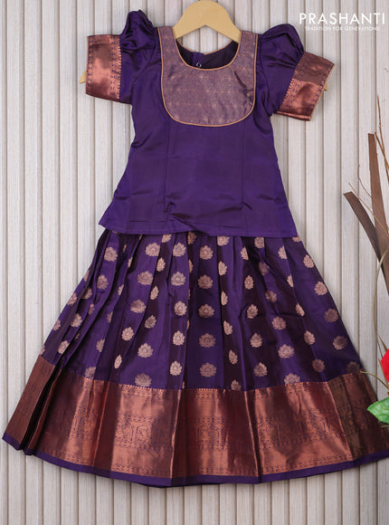 Silk kids lehenga deep violet with patch work neck pattern and copper zari buttas & copper zari woven border for 3 years