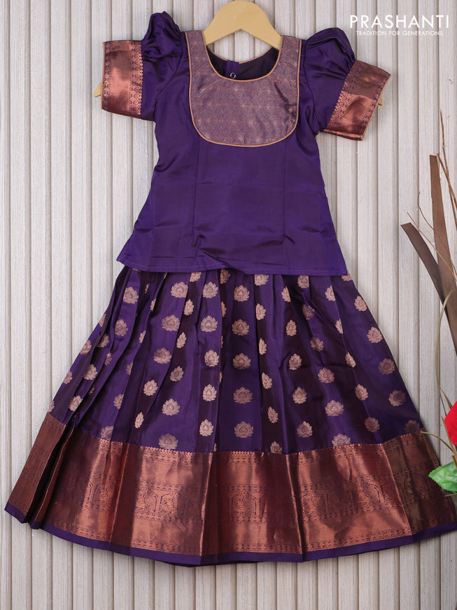 Silk kids lehenga deep violet with patch work neck pattern and copper zari buttas & copper zari woven border for 3 years