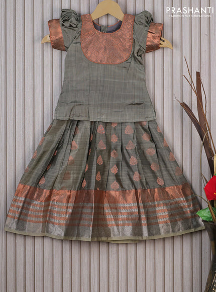 Silk kids lehenga grey and elaichi green with patch work neck pattern and copper zari buttas & copper zari woven border for 3 years