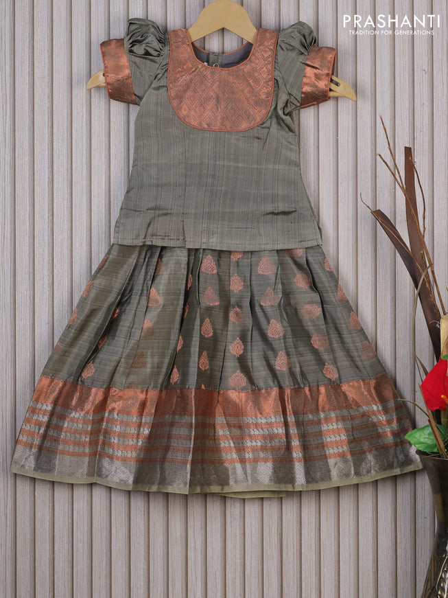 Silk kids lehenga grey and elaichi green with patch work neck pattern and copper zari buttas & copper zari woven border for 3 years