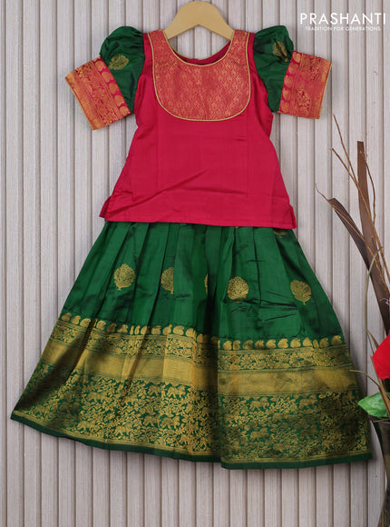 Silk kids lehenga pink and green with patch work neck pattern and zari buttas & zari woven border for 3 years