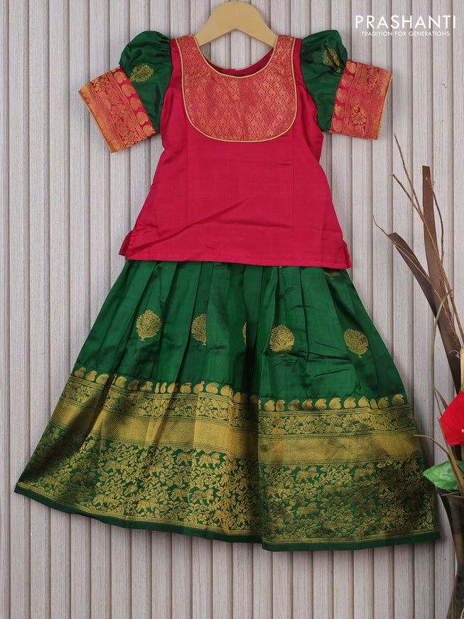 Silk kids lehenga pink and green with patch work neck pattern and zari buttas & zari woven border for 3 years