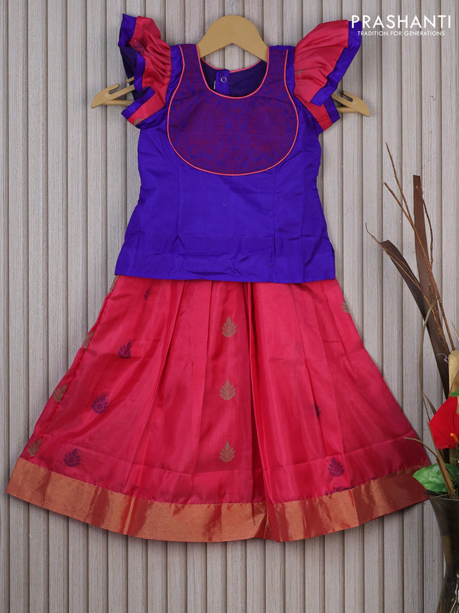 Silk kids lehenga blue and pink with patch work neck pattern and thread buttas & zari woven border for 3 years