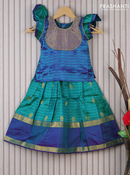 Silk kids lehenga dual shade of bluish violet and dual shade of teal green with patch work neck pattern and self emboss & rettapet zari woven border for 3 years