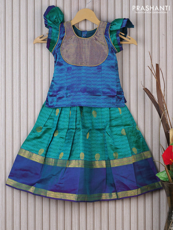 Silk kids lehenga dual shade of bluish violet and dual shade of teal green with patch work neck pattern and self emboss & rettapet zari woven border for 3 years