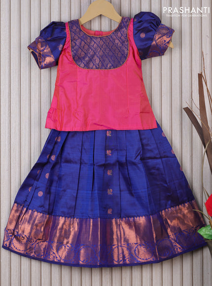 Silk kids lehenga pink and navy blue with patch work neck pattern and copper zari buttas & copper zari woven border for 3 years