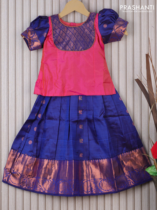 Silk kids lehenga pink and navy blue with patch work neck pattern and copper zari buttas & copper zari woven border for 3 years