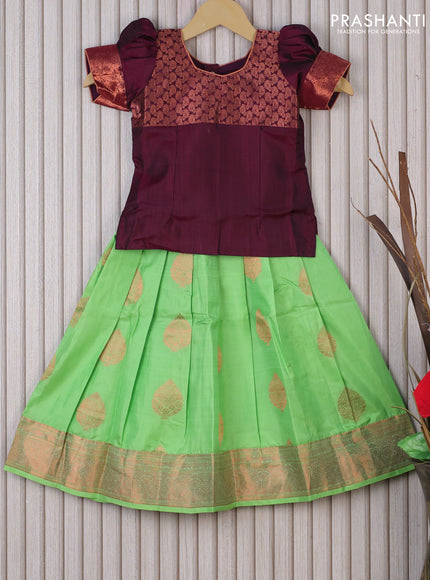 Silk kids lehenga deep maroon and pista green with patch work neck pattern and copper zari buttas & copper zari woven border for 3 years