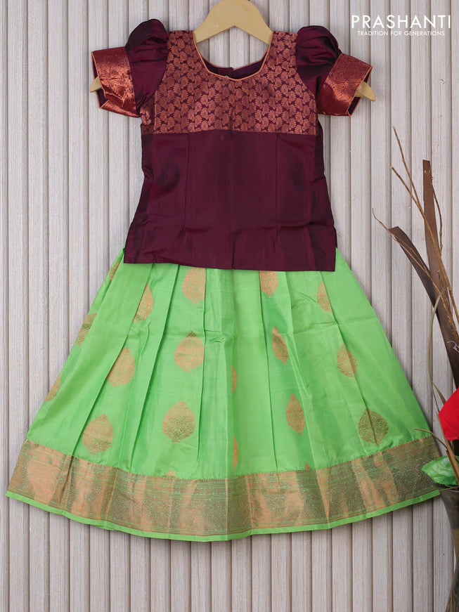 Silk kids lehenga deep maroon and pista green with patch work neck pattern and copper zari buttas & copper zari woven border for 3 years