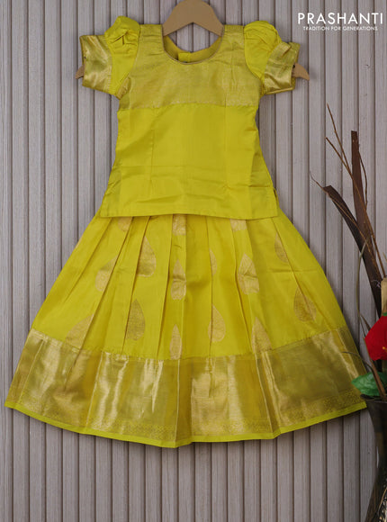 Silk kids lehenga lime yellow with patch work neck pattern and zari buttas & zari woven border for 3 years