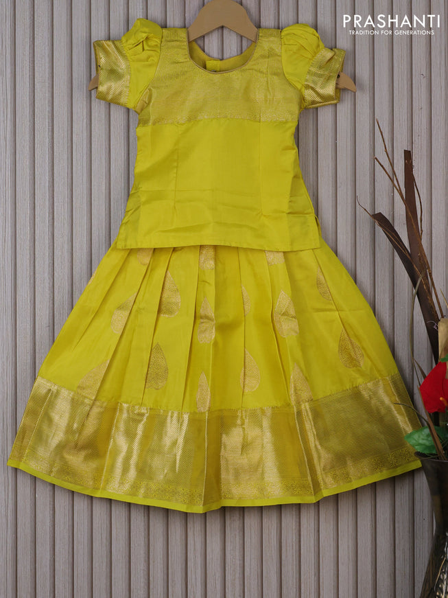 Silk kids lehenga lime yellow with patch work neck pattern and zari buttas & zari woven border for 3 years