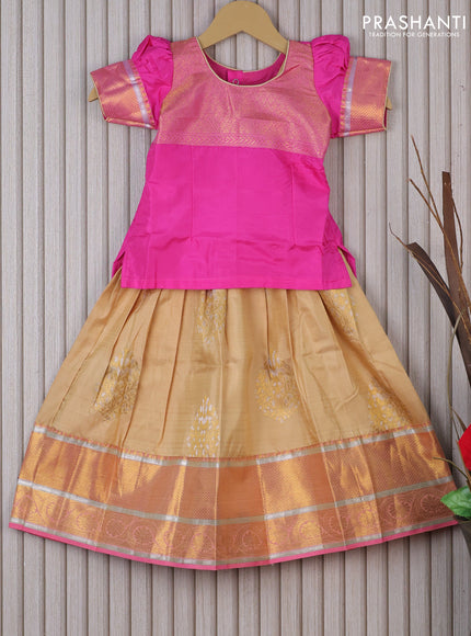 Silk kids lehenga pink and sandal with patch work neck pattern and zari buttas & long zari woven border for 3 years