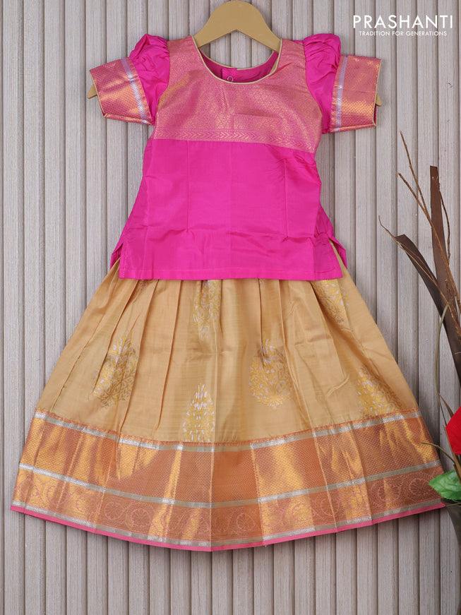 Silk kids lehenga pink and sandal with patch work neck pattern and zari buttas & long zari woven border for 3 years