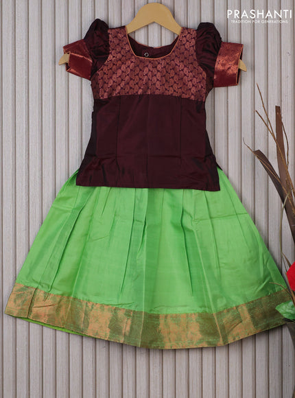 Silk kids lehenga deep maroon and pista green with patch work neck pattern and copper zari woven border for 3 years