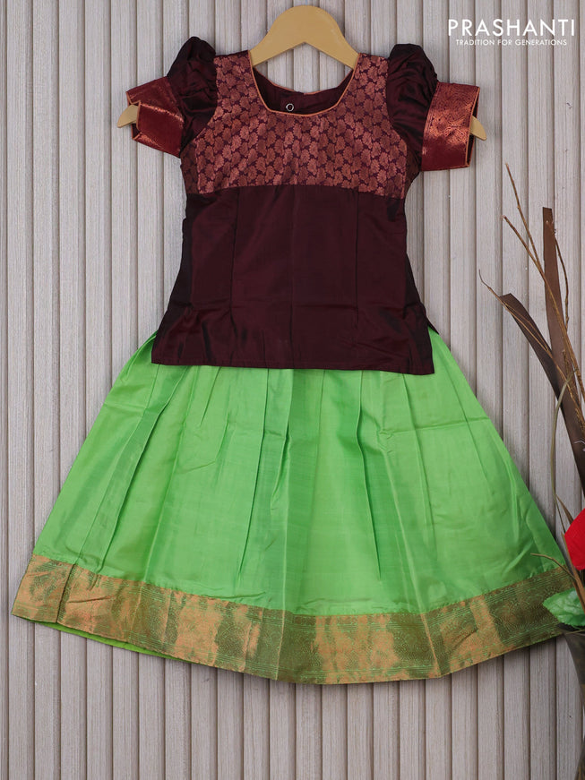 Silk kids lehenga deep maroon and pista green with patch work neck pattern and copper zari woven border for 3 years