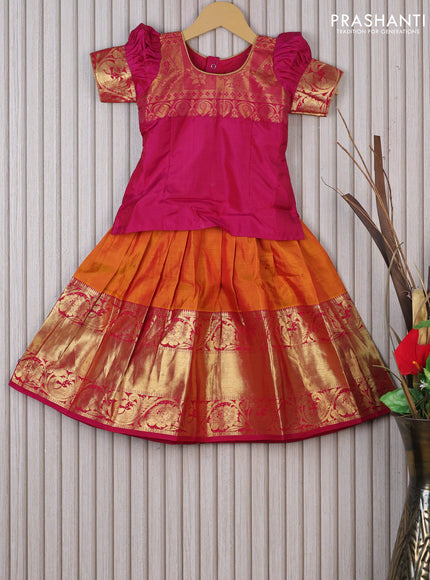 Silk kids lehenga magenta pink and dual shade of mango yellow with patch work neck pattern and long zari woven annam border for 3 years