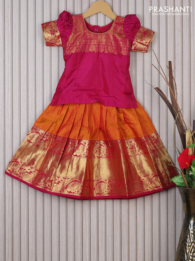 Silk kids lehenga magenta pink and dual shade of mango yellow with patch work neck pattern and long zari woven annam border for 3 years