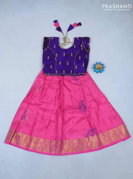 Silk kids lehenga violet and pink with allover zari buttas and woven buttas & annam zari border for 3 years