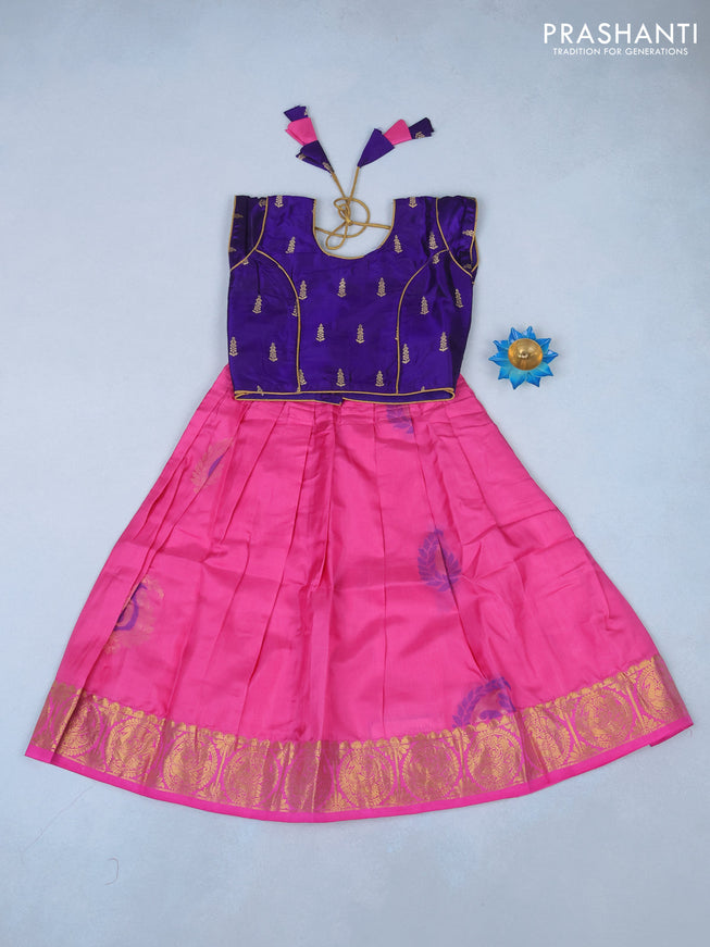 Silk kids lehenga violet and pink with allover zari buttas and woven buttas & annam zari border for 3 years