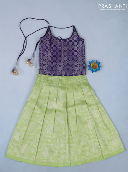 Silk kids lehenga navy blue and pista green with silver zari woven brocade weaves and back knot for 3 years