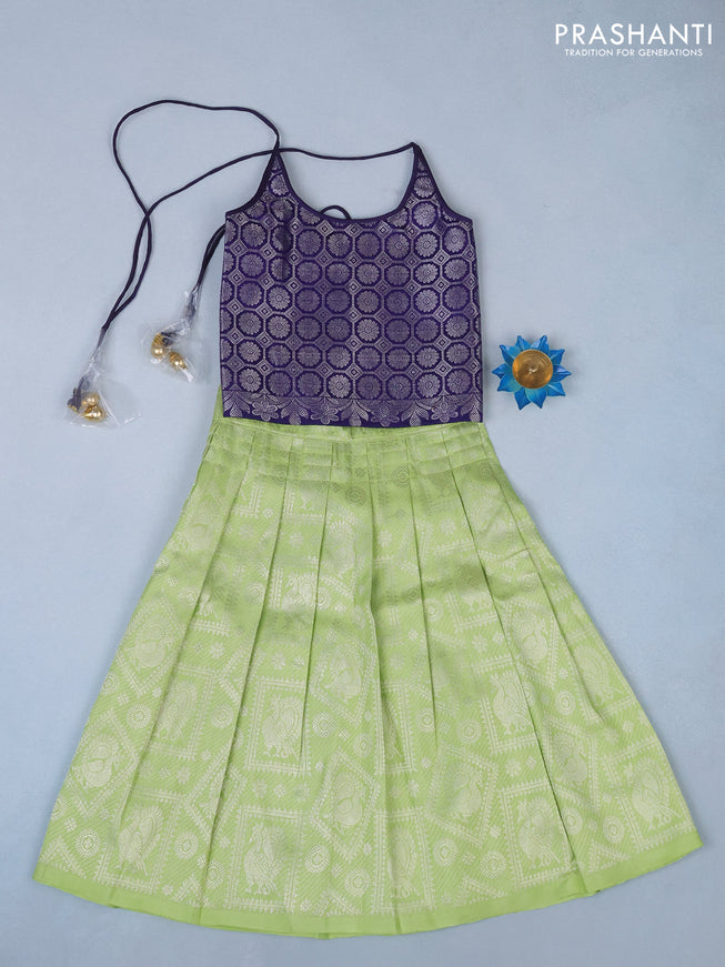 Silk kids lehenga navy blue and pista green with silver zari woven brocade weaves and back knot for 3 years