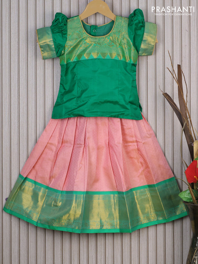 Silk kids lehenga green and peach pink with patch work neck pattern and self emboss & zari woven border for 3 years