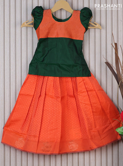 Silk kids lehenga dark green and orange with patch work neck pattern and self emboss & zari woven butta border for 3 years